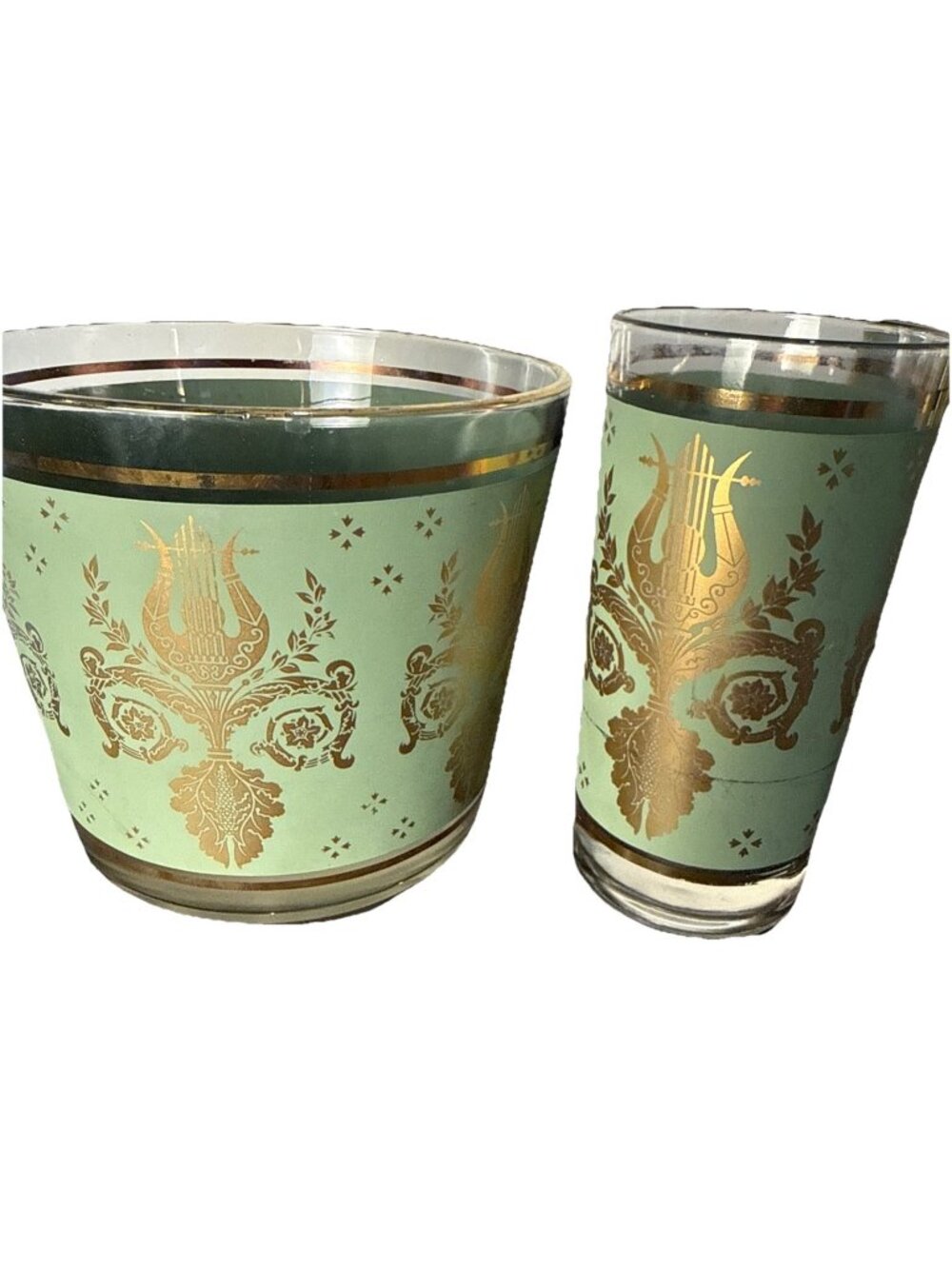 MCM Jeannette Green GOLD LYRE HARP 6 High Ball Glasses & ICE BUCKET 7 Pc Vtg Set